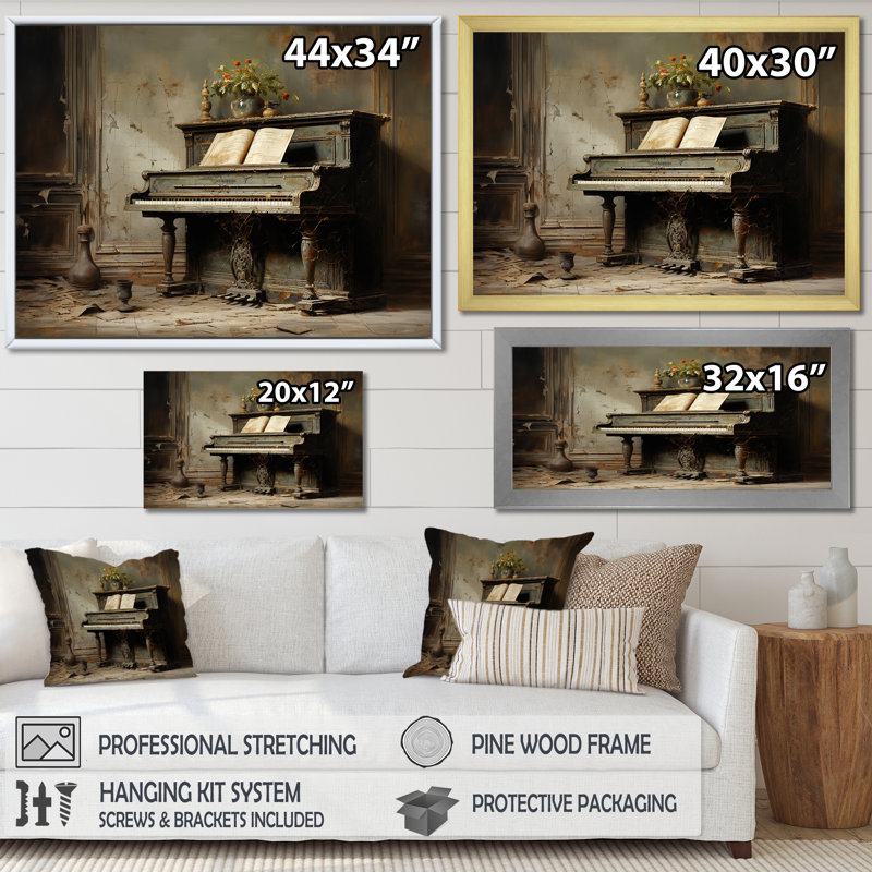 «Vintage Piano Pianos Past II», reproduction sur toile, Cadre flottant noir, H 24 po x l 32 po x P 1 po