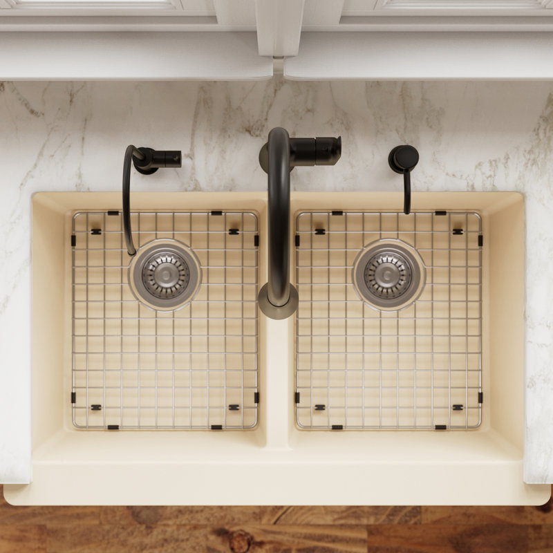 Karran Quartz 34'' X 21-1/4'' 50/50 Double Bowl Farmhouse/Apron Front Kitchen Sink Kit, Bisque