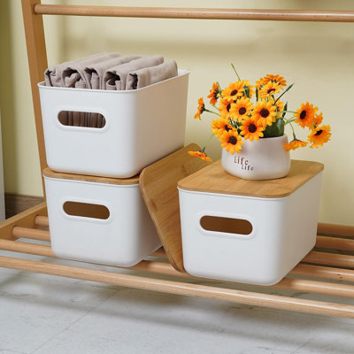 4 PCS Storage Bins With Bamboo Lids Plastic Storage Containers For Organizing Stackable Storage Box With Handle, 10.23 X 7.08 X 6.3 Inch