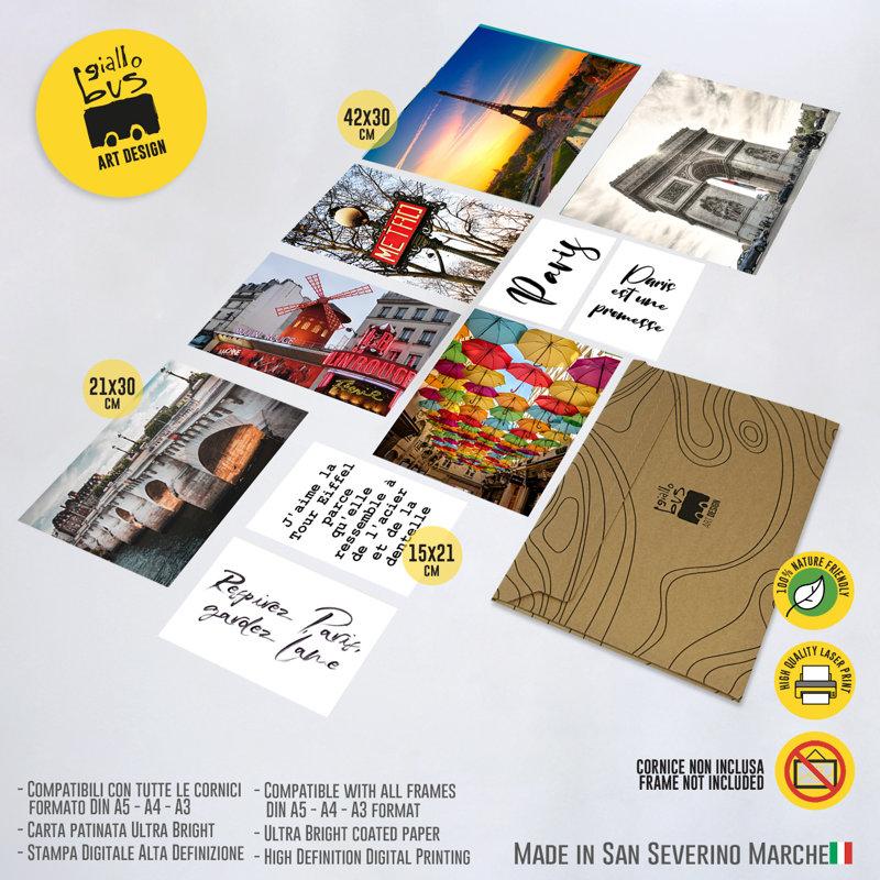 Giallobus - Set 10 Poster Da Parete - Raccolta Città Parigi - Carta Patinata - | 2 X A3 42X30cm | 4 X A4 30X21cm | 4 X A5 21X15cm | - Senza CORNICI - Stampe Moderne Soggiorno