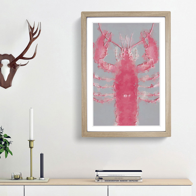 The Pink Lobster in Abstract - Picture Frame Graphic Art Print on MDF, 87cm H x 62cm W x 2cm D, Oak Framed