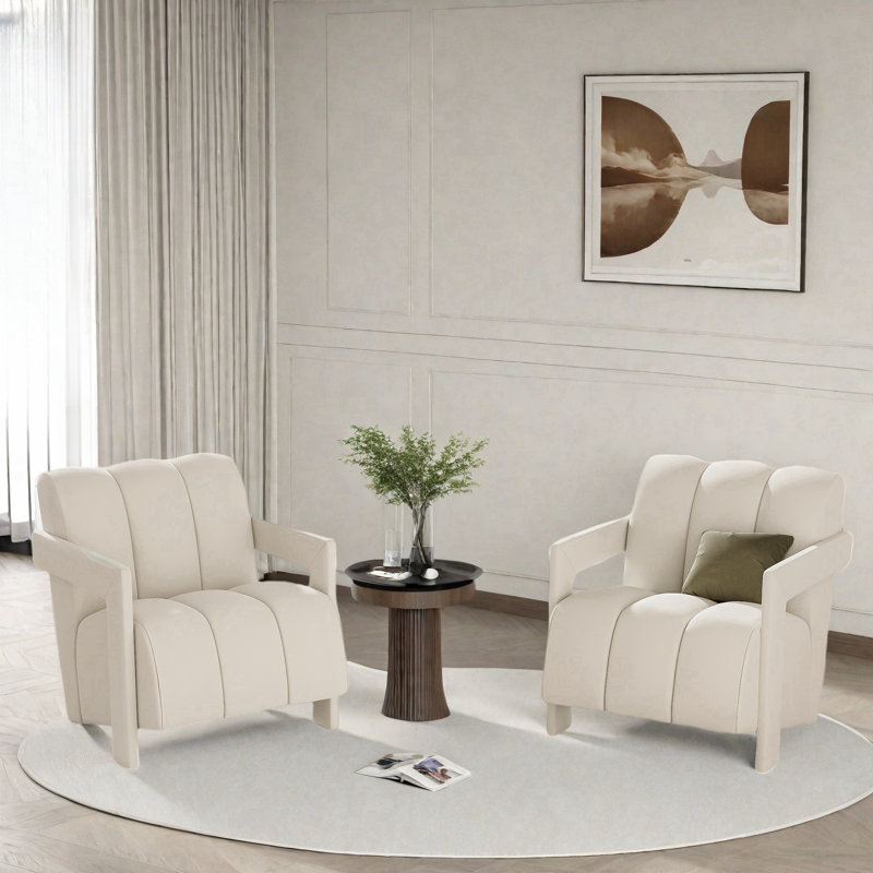 Set Of 2 Modern Armchairs With L-Shaped Armrests, White Polyester