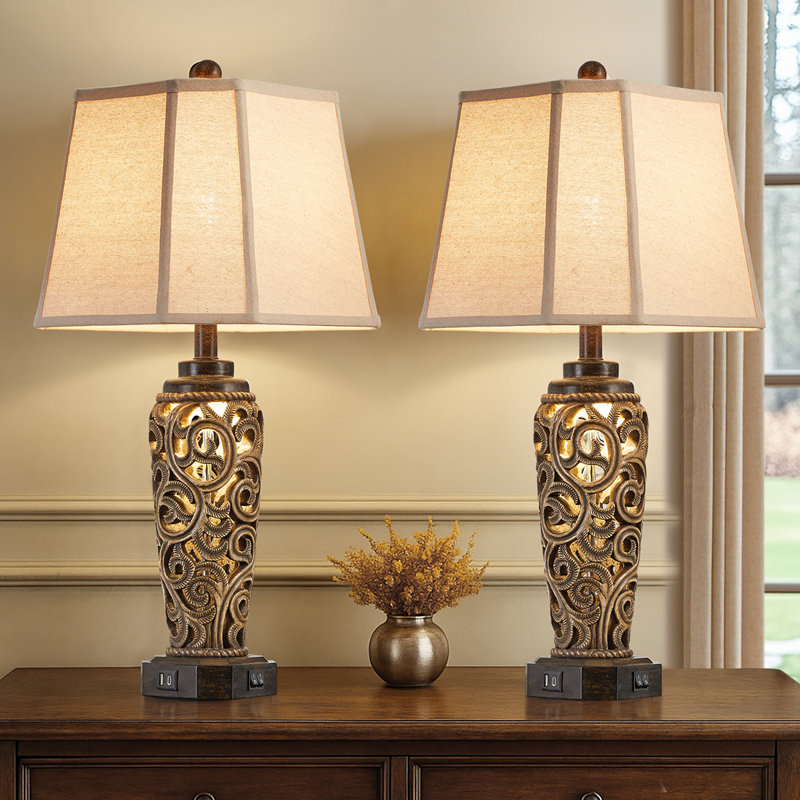 27" Vintage Carved Table Lamp Set With Usb-c/a Ports & Night Light – Set Of 2