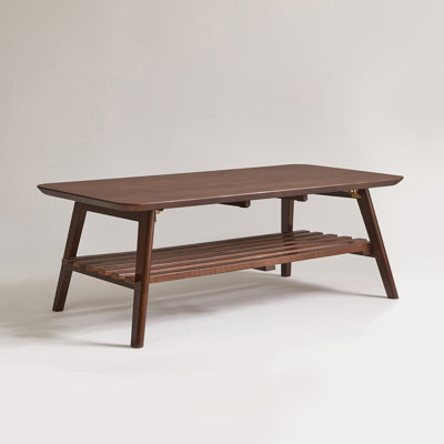 Wooden Coffee Table with Storage Shelf, Mid-Century Rectangular Center Table for Living Room
