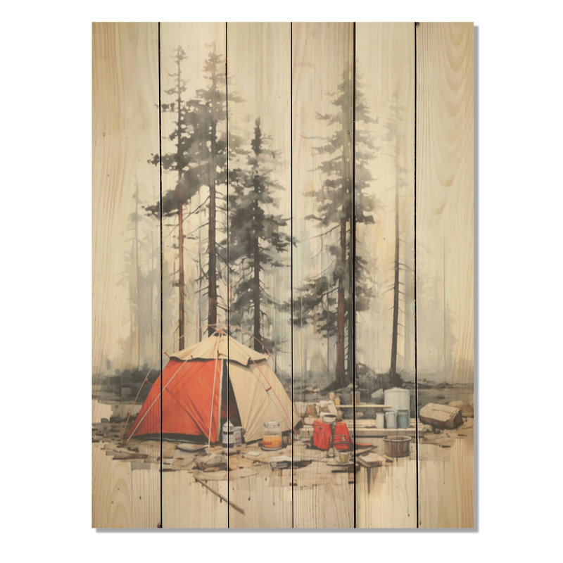 Minimalisme, camping, voyage, collage I - camping, voyage, art mural sur bois de pin naturel, H 40 po x l 30 po