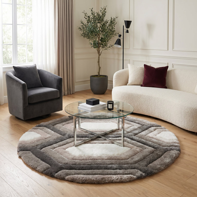 Tapis géométrique blanc / gris / noir Gretchen, Rond 7 pi