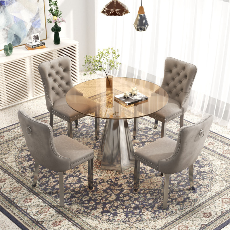 Ensemble de table de salle à manger moderne avec plateau de table en velours capitonné, 5 pièces: table, 4 chaises, Gris