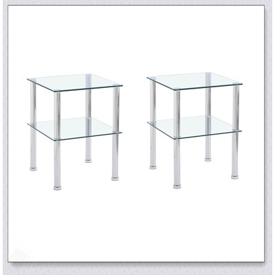 2-Piece Clear Side Table With 2-Tier Storage, Modern Night Stand For Living Room And Bedroom, Durable Tempered Glass Design