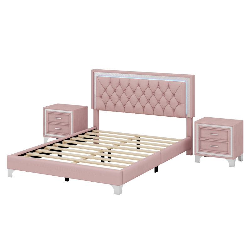 Ensemble de chambre à coucher 3 pièces, lit plateforme tapissier avec lumières DEL et deux tables de chevet