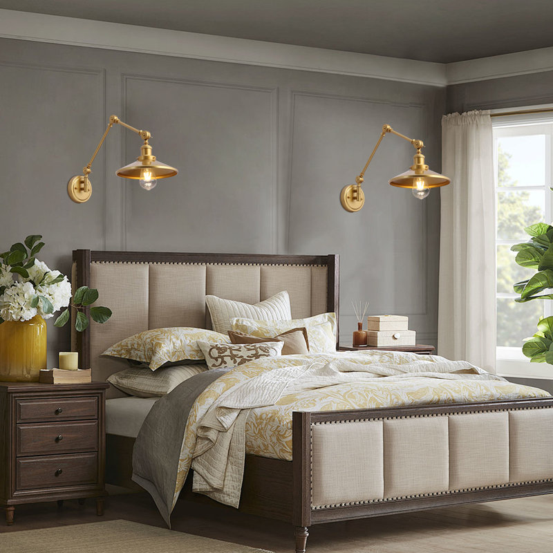 Modern 2pcs Swing Arm Plug In Wall Sconces, Adjustable Lampshade, Gold