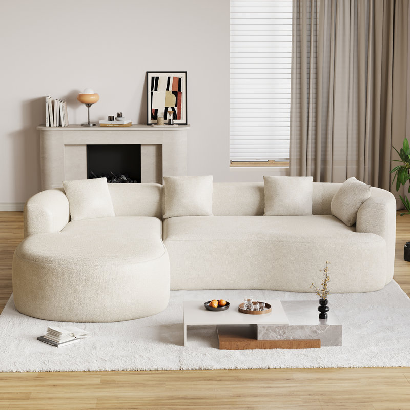 Curved Boneless L-Shaped Sectional Sofa With Chaise Lounge, No Assembly Required, Beige Chenille, Left Hand Facing