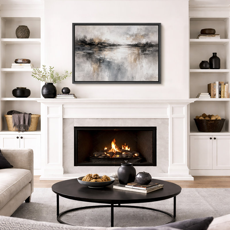 «Abstract Neutral Grey Misty Reflection», œuvre d'art moderne sur toile encadrée, impression sur toile, Cadre noir