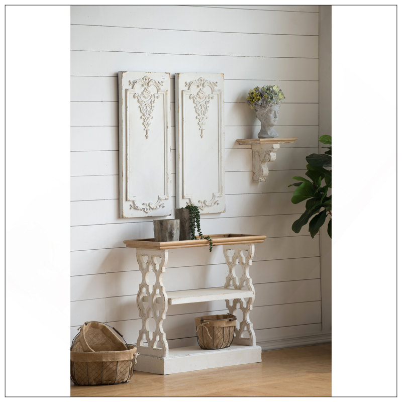 Console 35,5 po x 14 po x 32 po en bois vieilli blanc et naturel, console de style champêtre