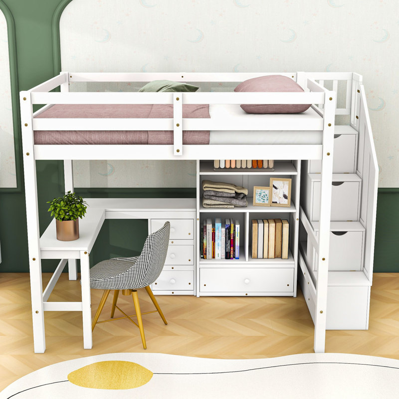Lit mezzanine 4 tiroirs avec bureau en L, tablettes et escalier de rangement, Blanc