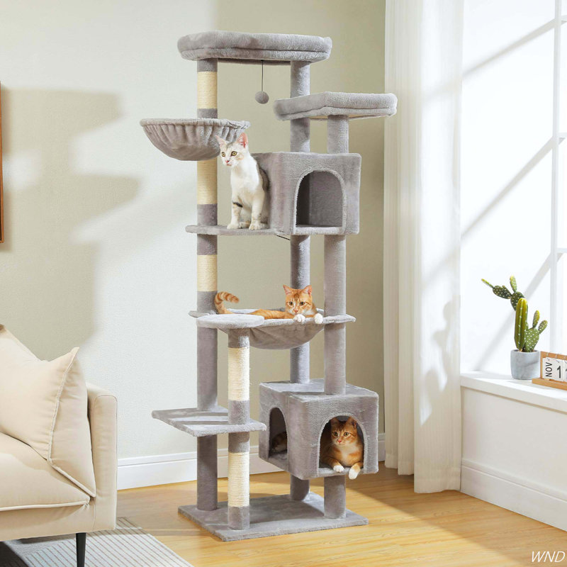 69" Gray Plush Cat Tree Tower with Hammock and Condo