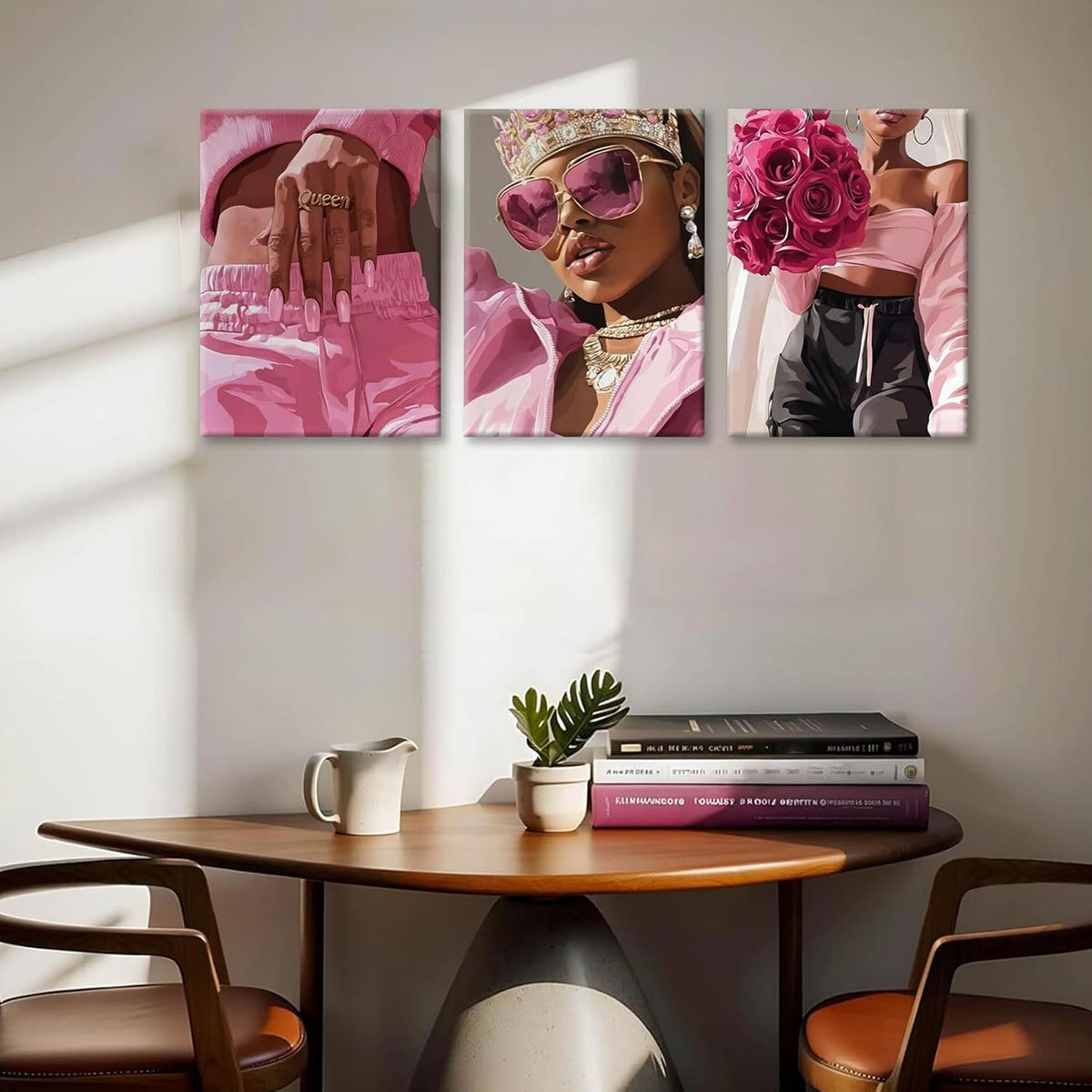 Bloomsbury Market 3Pcs Pink Fashion Black Woman Canvas Wall Art African ...