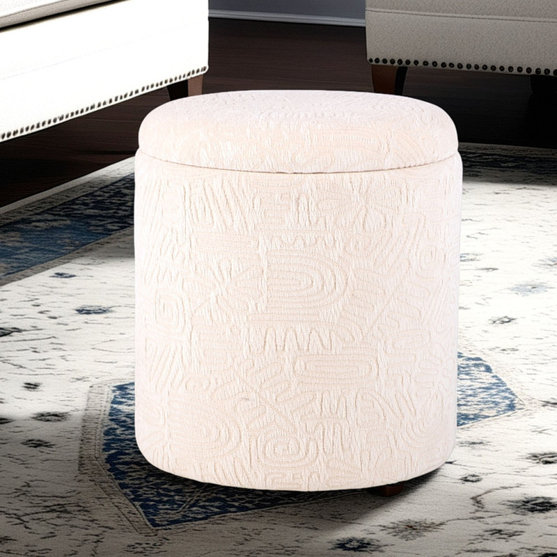 Elegant Ivory 16" Round Storage Ottoman with Hidden Compartment