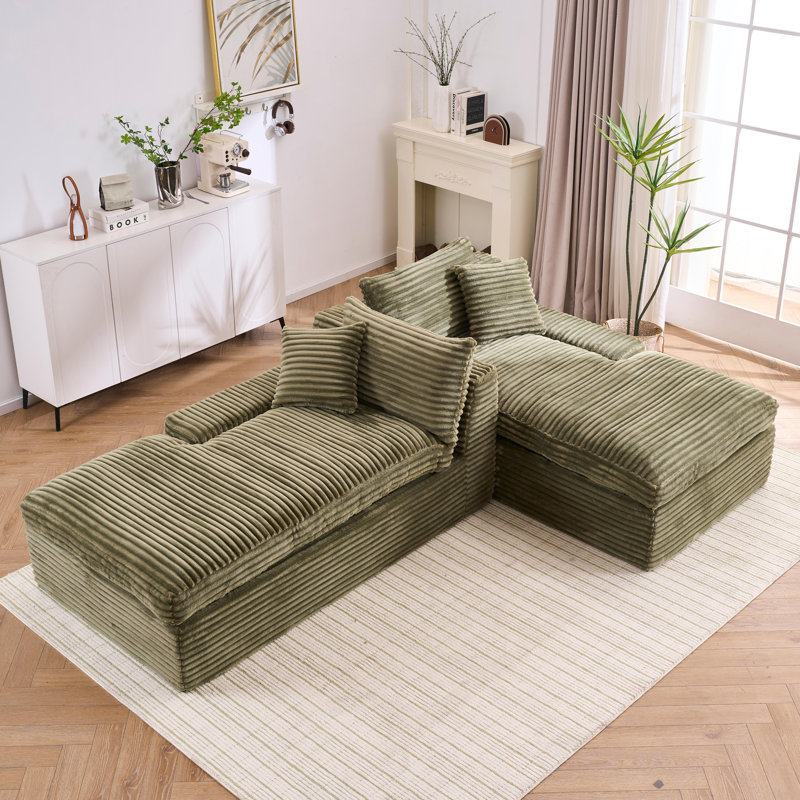 79.5" Corduroy Sleeper Sofa Compression Chaise Lounge Sofa Cloud Couch with 4 Pillows - No Assembly Required, Green, Green