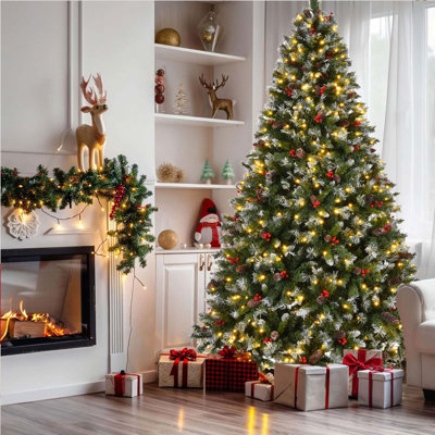 Sapins de Noël artificiels pré-éclairés avec lumières, pommes de pin, baies et base en métal