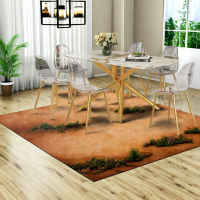 Luxueuse grande table de salle à manger avec plateau en verre marbré et pieds dorés