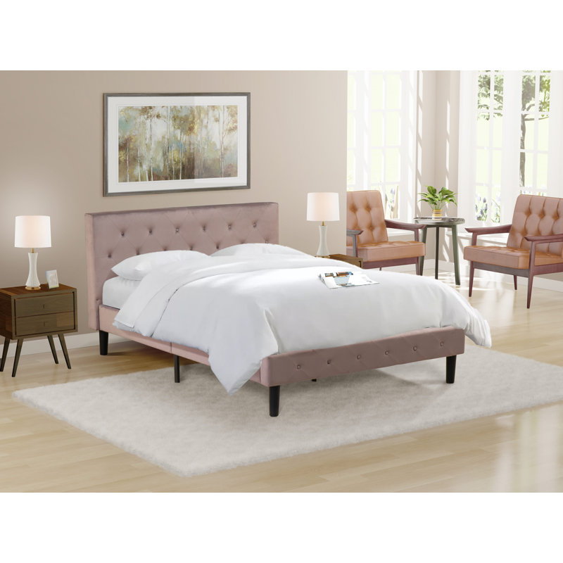 Base de lit plateforme Nolan - Tête et pied de lit en tissu de velours taupe brun touffeté à boutons, pieds noirs, grand