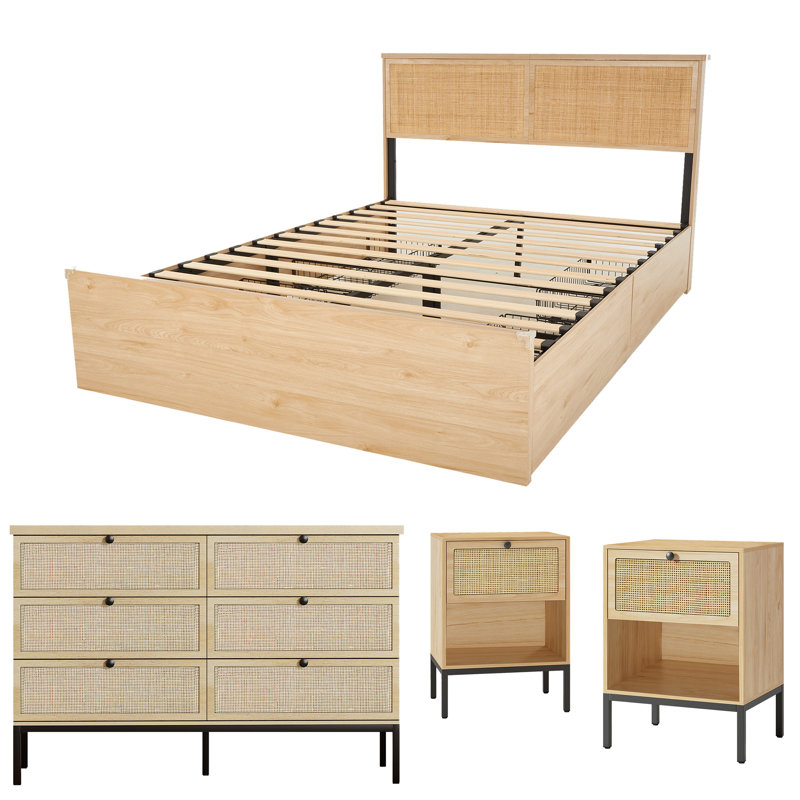 Boho Natural Rattan Bedroom Set, Queen, 3 Pcs: Bed, 2 Nightstands