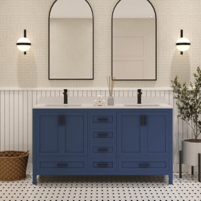 Meuble-lavabo double 60 po avec plateau en quartz blanc Rooh