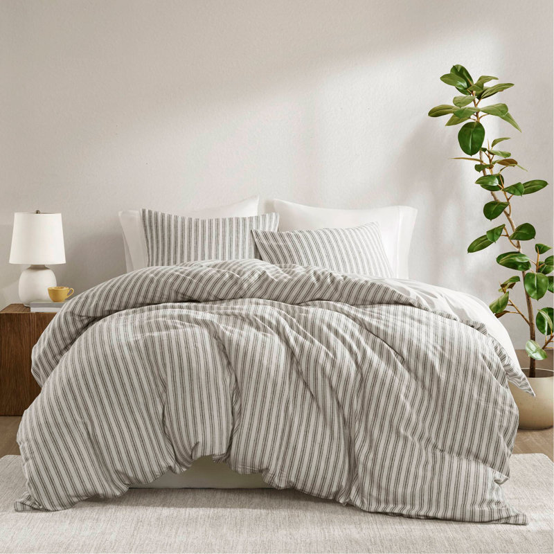 Ensemble de housse de couette pour grand lit 3 pièces, Housse de couette pour grand lit + 2 taies décora, Gris à rayures