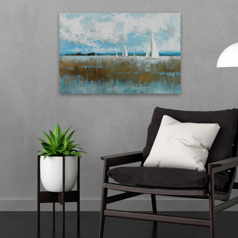Voiles lointaines - Paysages côtiers, bateaux, voiliers, art, H 16 po x l 24 po