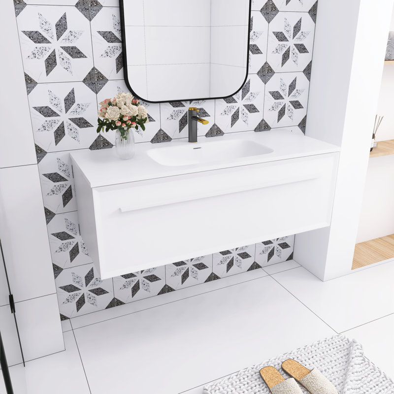 48 in. White Plywood Wall-Mounted Single Sink Vanity with Solid Surface Top