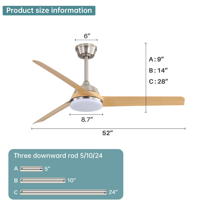 132cm 3-blade Modern Ceiling Fan Light with Remote Control