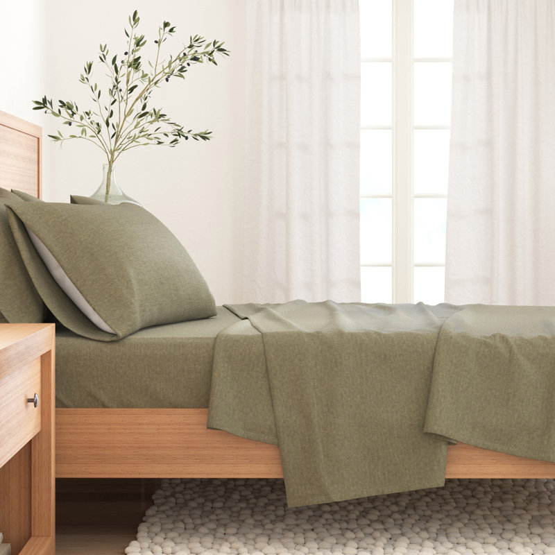 Heathered Cotton Blend Flannel Sheet Set, Heathered Olive, Queen