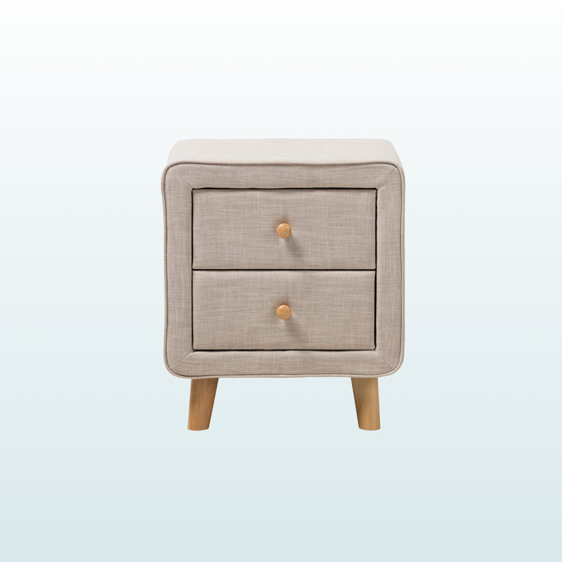 Mellow Beige Upholstered 2-Drawer Nightstand With Oak Drawer Pull, 22.74" H X 19.61" W X 15.94" D, Beige
