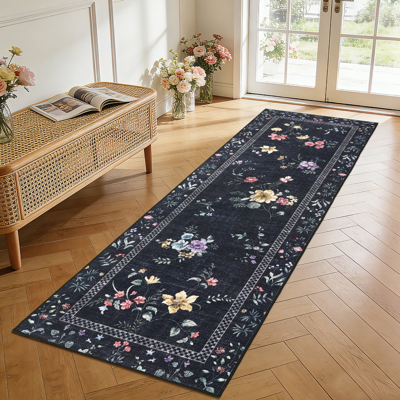 Floral Machine Washable Rug Bordered Design Non-Slip Low Pile Rubber Backing Area Rug for Living Room Bedroom Kitchen Dining Room