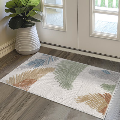 Tapis à poils longs et courts à motif floral d'intérieur / extérieur non délavé crème / vert / bleu / brun clair pour patio, terrasse, porche ou entrée