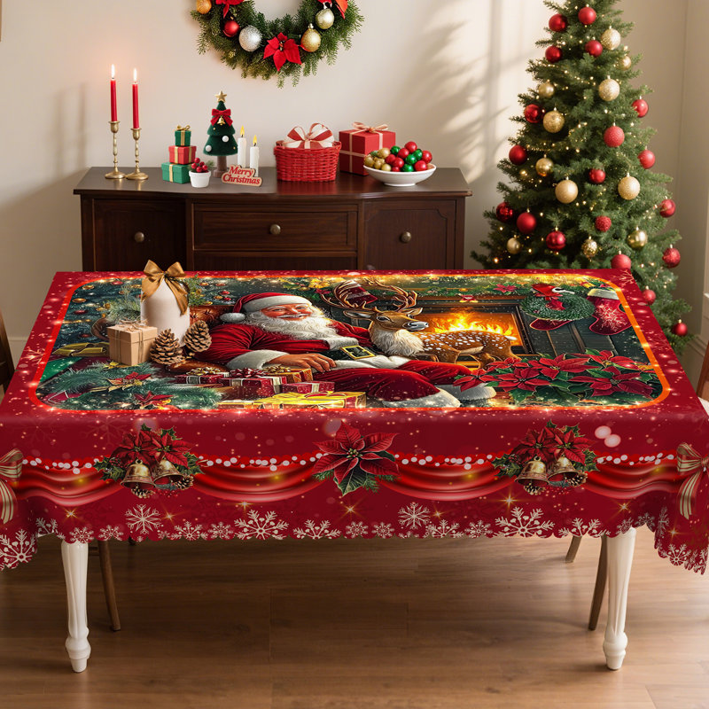 Machine-washable polyester tablecloth with red Santa Claus design, 70.8" L x 55.12" W