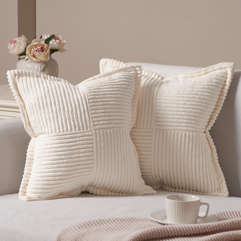 Housse de coussin carré en velours côtelé, Crème, crème, H 18 po x l 18 po
