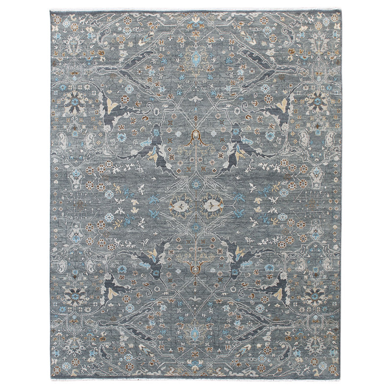 Tapis gris / bleu en laine noué à la main Hillard, Rectangle de 10 pi x 14 pi