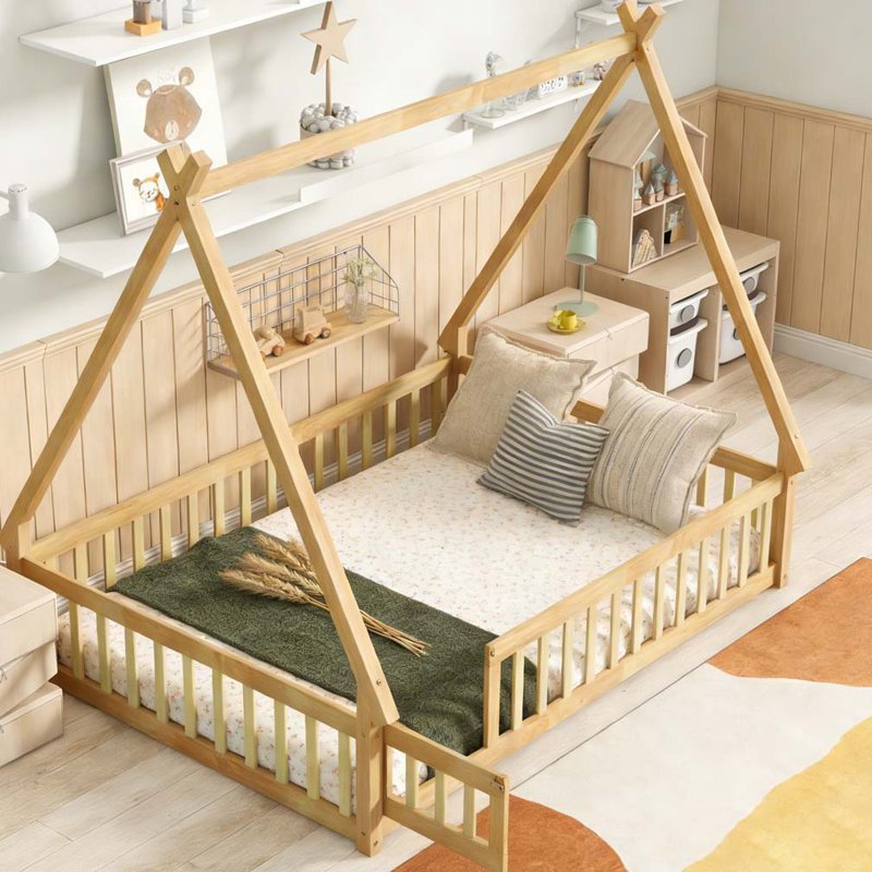 Lit de sol en forme de tente, lit tipi avec garde-corps, lattes et porte, Lit double, Naturel