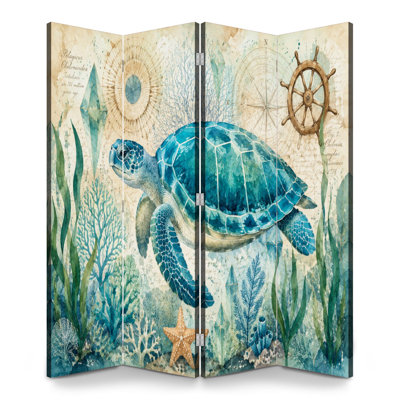 4 Panels Folding Screen Room Divider Royal Blue Sea Turtle Nautical Coral Watercolor Canvas Screen Room Separator Freestanding Protective Wall Divider Privacy Partition for Bathroom