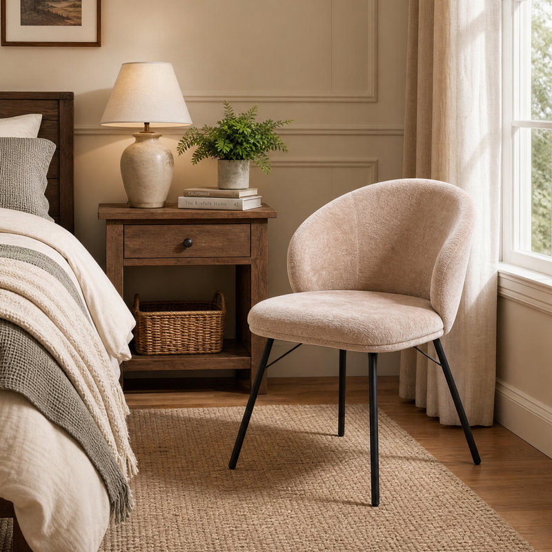 Chaise d'appoint de salle à manger rembourrée en chenille moderne avec dossier en coquillage et accoudoirs sans accoudoirs avec pieds en métal noir pour la cuisine et la chambre à coucher