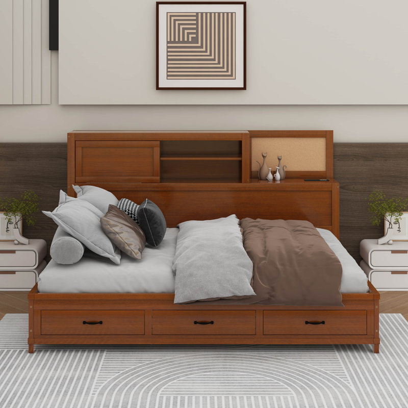 Lit de jour en bois avec tiroirs, tablette et ports USB, Noyer, Lit double