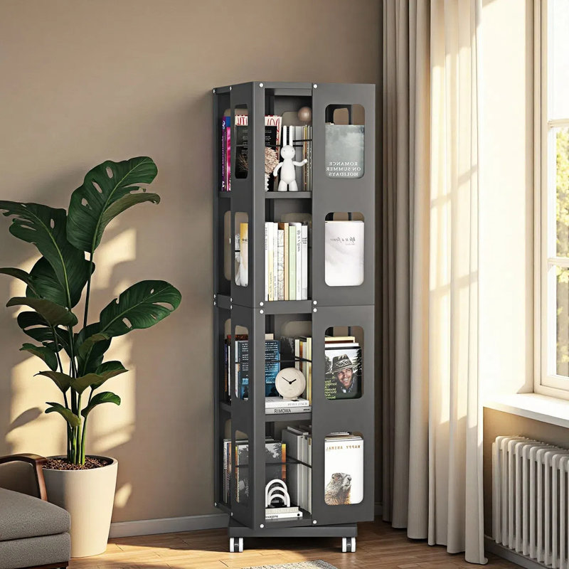 Bibliothèque sur roulettes entièrement en acier à 4 niveaux sur roulettes, bibliothèque pivotante à 360 °, grande étagère étroite pour économiser de l'espace