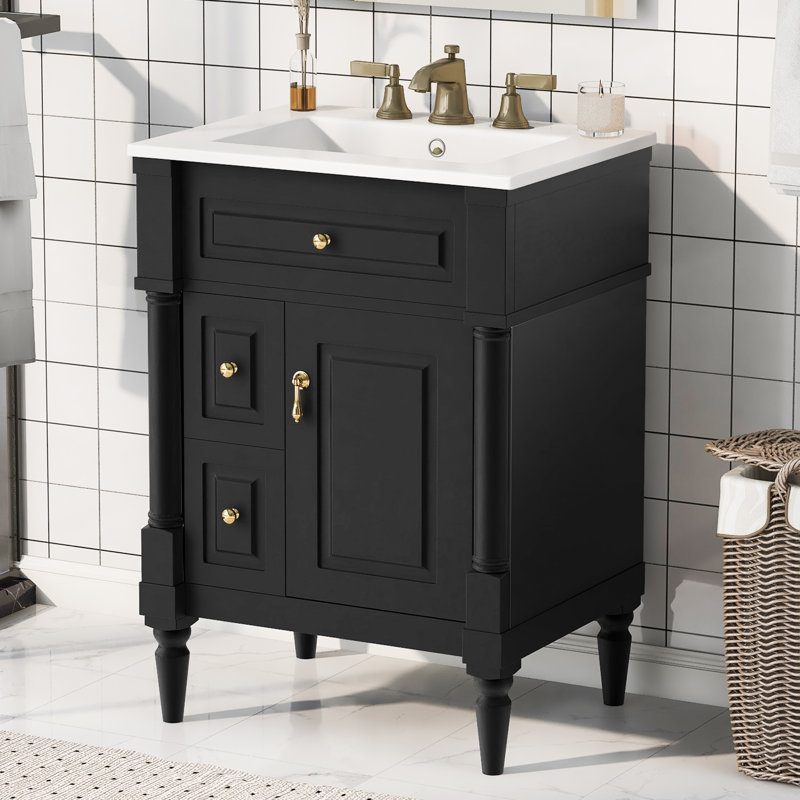 Meuble-lavabo de 24 po avec lavabo, armoire de salle de bain autoportante noire avec tiroir rabattable et tablette réglable, panneaux de fibres à densité moyenne en bois d'hévéa massif