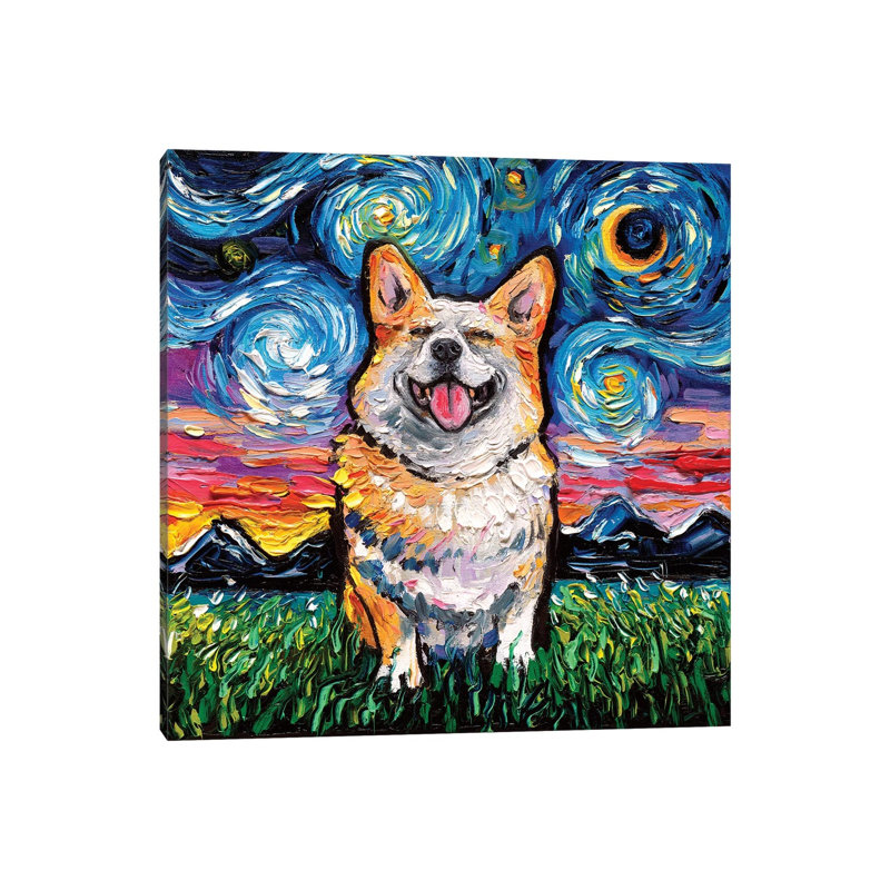 Smiling Corgi Night by Aja Trier - Wrapped Canvas Painting, 66.04 cm H x 66.04 cm W x 3.175 cm D