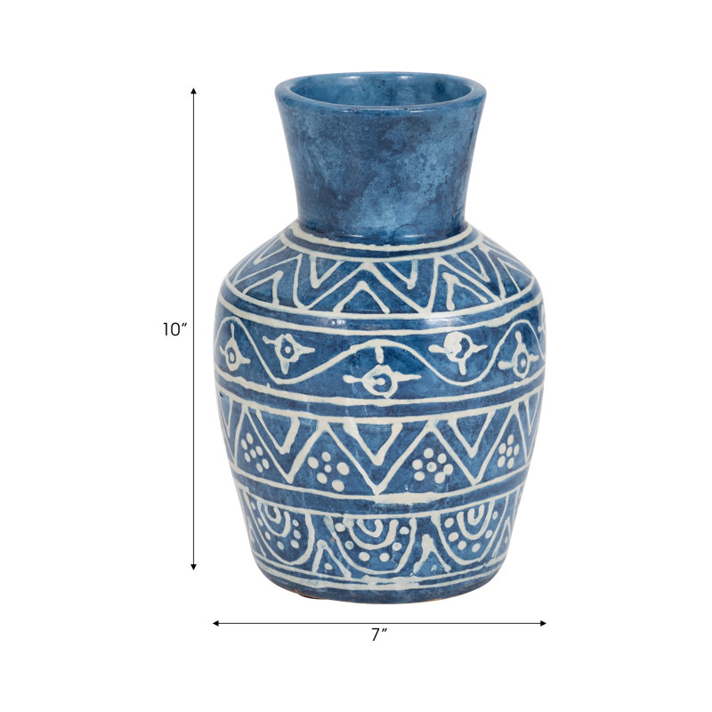 Handcrafted Terracotta Pottery Vase with Flared Neck and Etched Detailing - Decorative Accent Ceramic Artisan Vessel for Modern and Global-Inspired Interiors