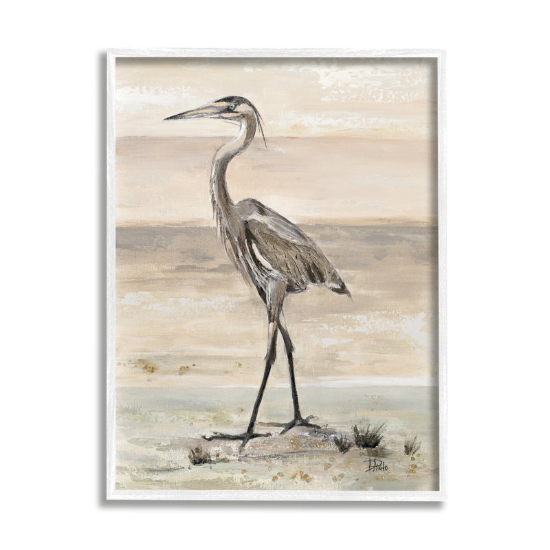«Crane Bird Beach Shore», art mural texturé par Patricia Pinto, H 14 po x l 11 po x P 1,5 po, Giclée encadrée noir minuit