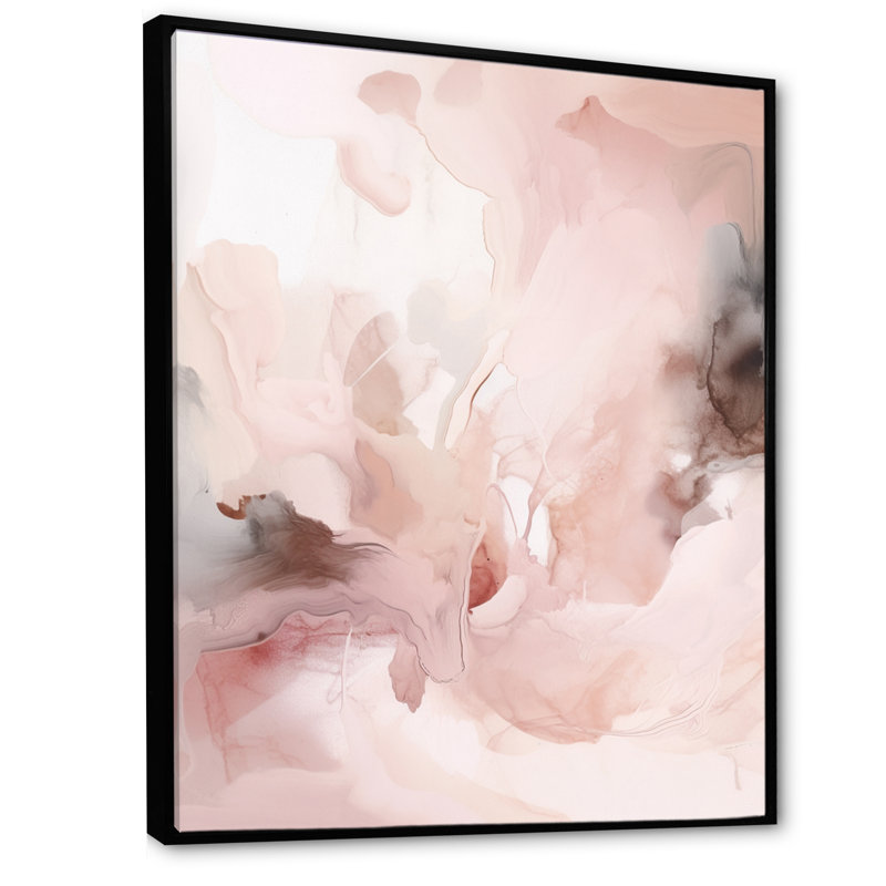 Rose délicat abstrait marbre III - art mural abstrait en marbre, H 32 po x l 24 po x P 1 po, Cadre flottant noir