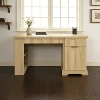 Bureau d'écriture cannelé moderne de 55 po avec armoire de rangement, tiroirs, prise de courant et tablettes intégrées
