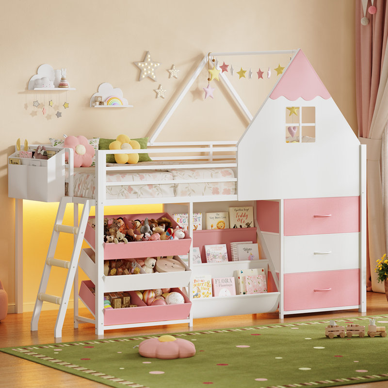 Low Loft Bed Twin Size with Bookshelf, Toy Storage Organizer, LED Loft Bed with 3 Drawers, Under-Bed Play Space, House Loft Beds with Safety Guardrail, Inclined Ladde, White